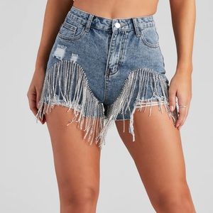 Fringe rhinestones distressed shorts